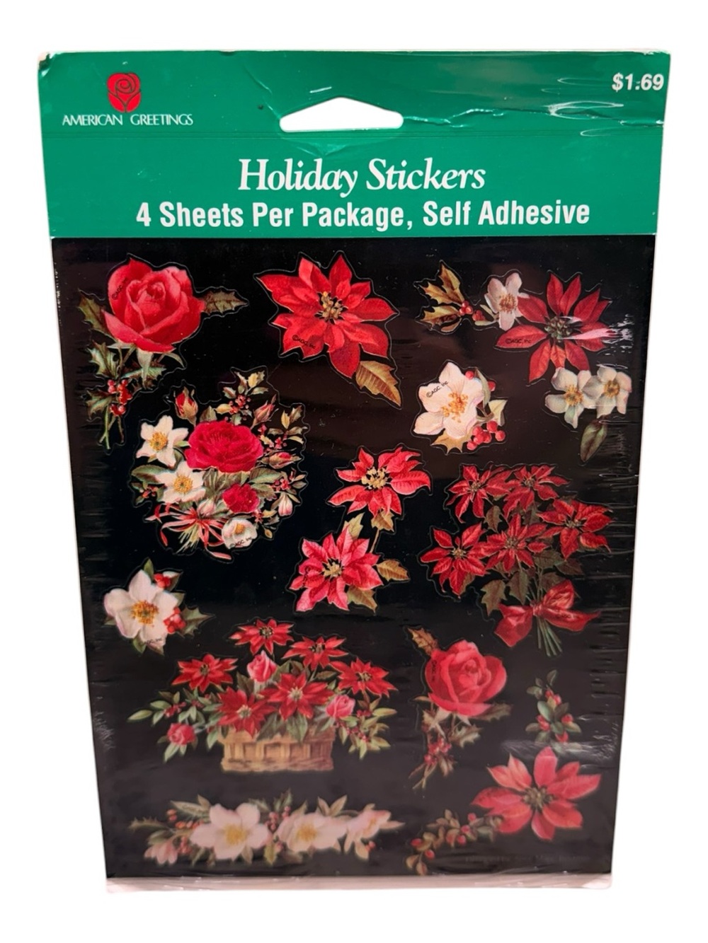 Vintage American Greetings Holiday Stickers Poinsettias Roses 4 Sheets Sealed